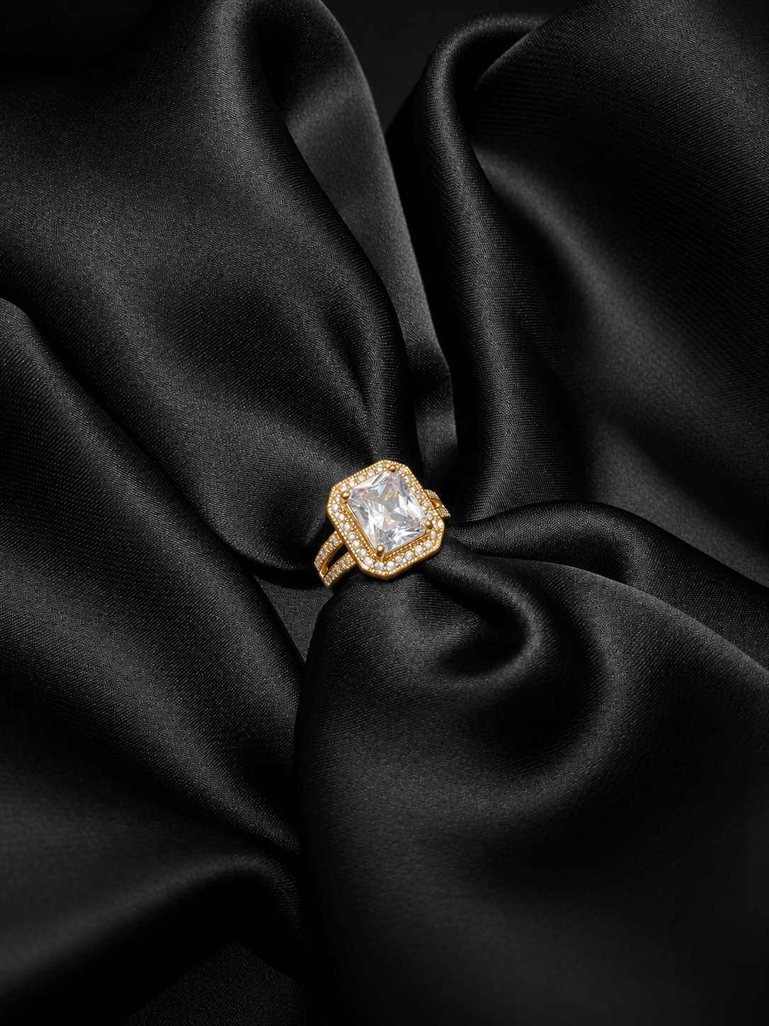 Golden Square Crystal Halo Ring