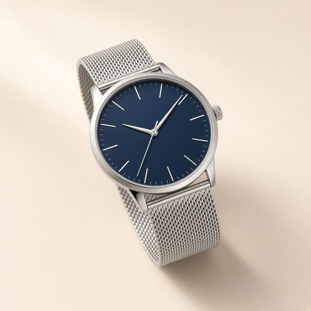 Men's slim silver watch with navy dial and mesh strap