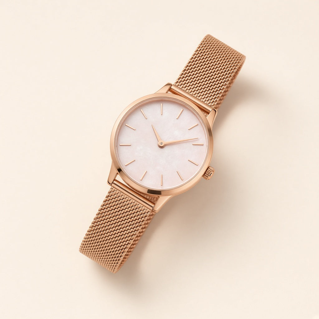 Rose gold mesh strap watch with blush pearl dial