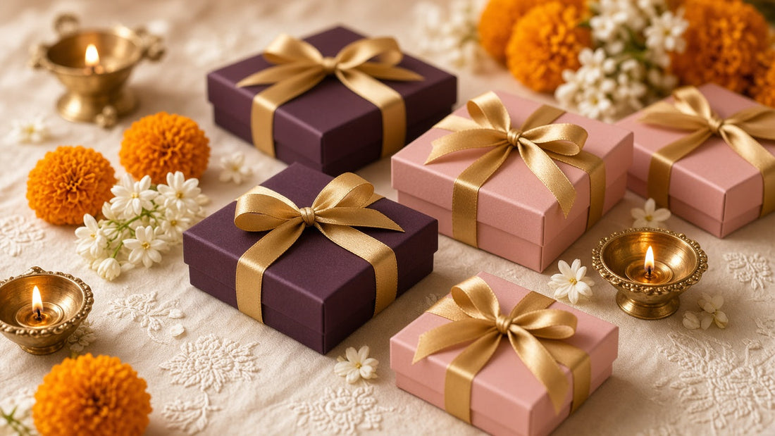 Wrapped plum and blush gift boxes with flowers and diyas