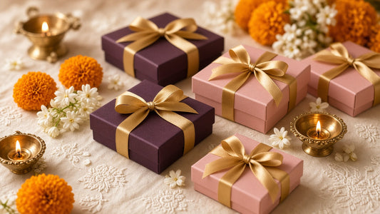 Wrapped plum and blush gift boxes with flowers and diyas