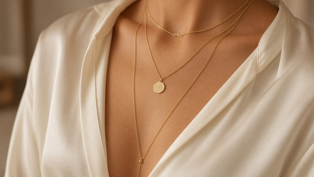 Three layered gold necklaces over a cream blouse
