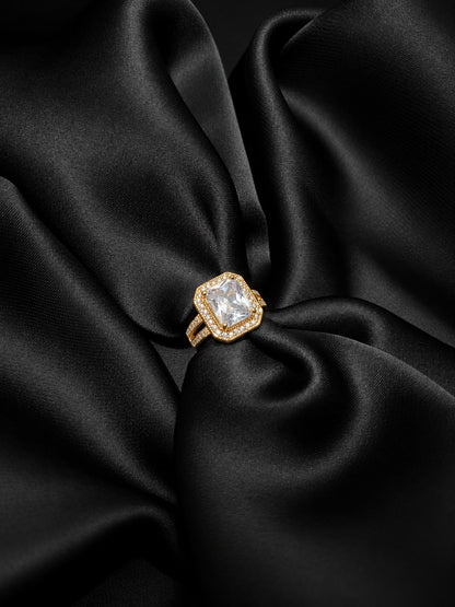 Golden Square Crystal Halo Ring