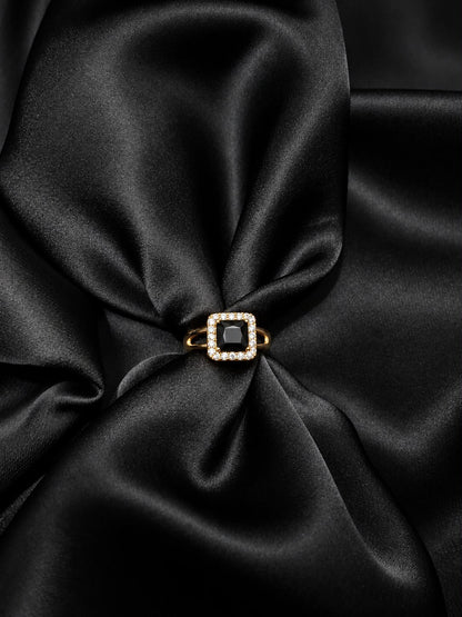 Golden Black Square Crystal Halo Ring