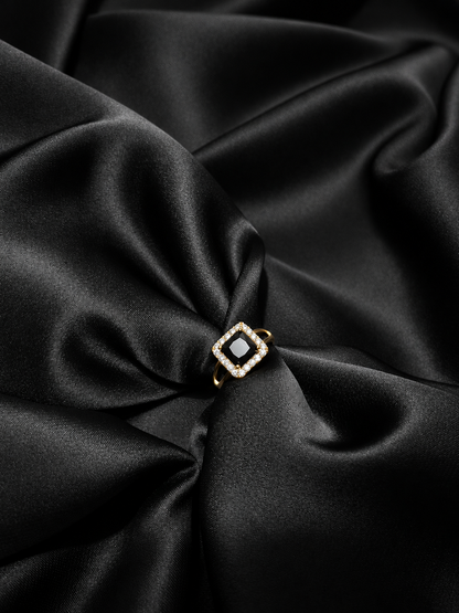 Golden Black Square Crystal Halo Ring