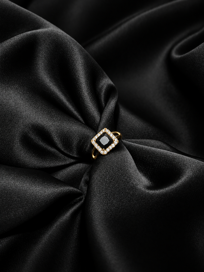 Golden Black Square Crystal Halo Ring