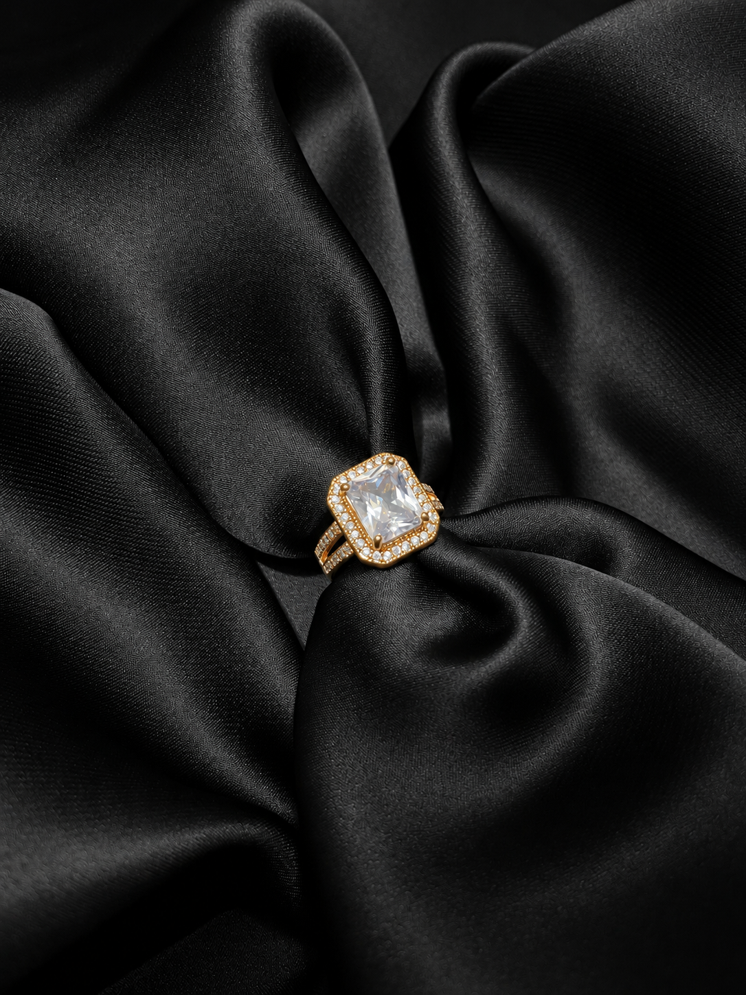 Golden Square Crystal Halo Ring