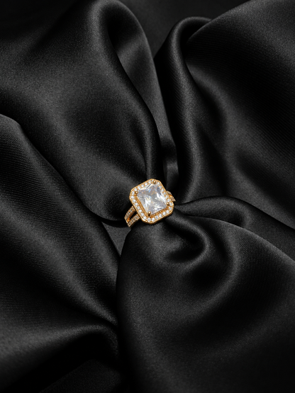 Golden Square Crystal Halo Ring
