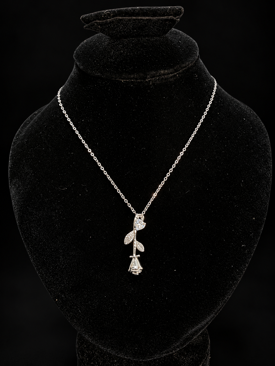 Silver Crystal Rose Pendant Necklace