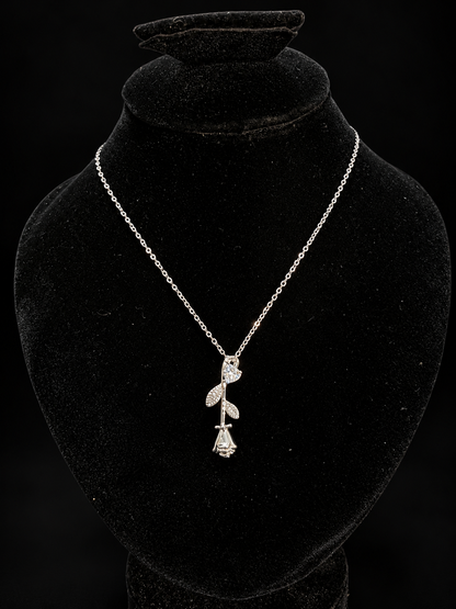 Silver Crystal Rose Pendant Necklace