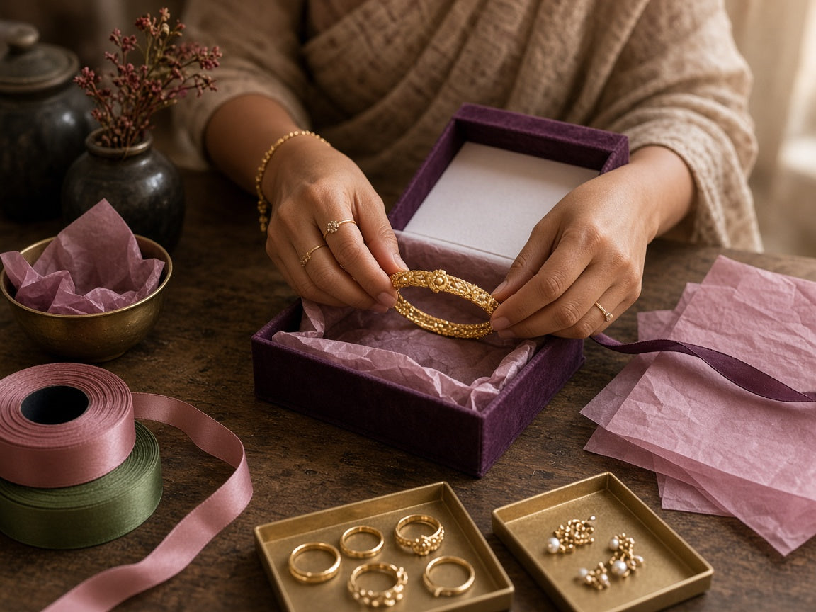 Artisan packing a gold bracelet into a plum gift box in the SilknSparkle studio