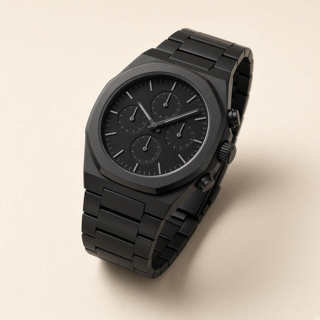 Men's matte black chronograph watch with black link bracelet