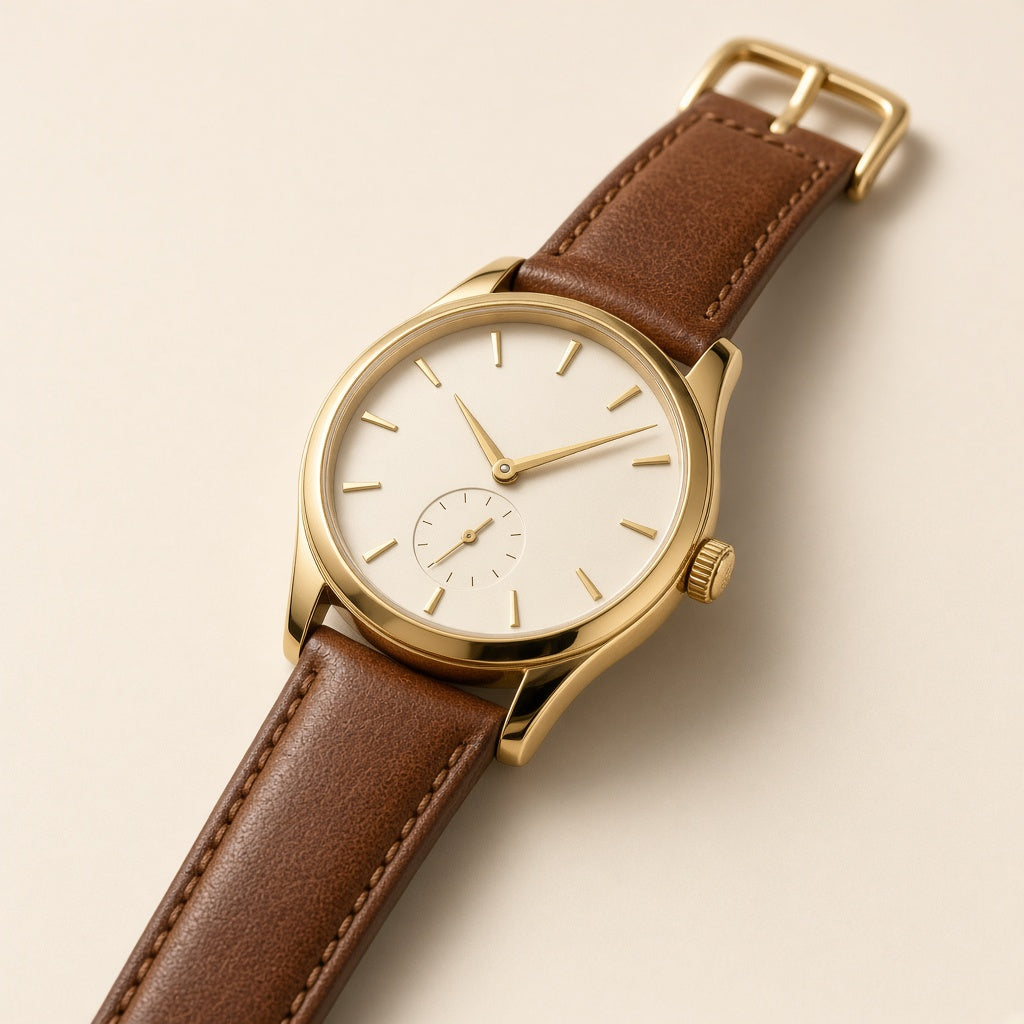 Men's gold-tone watch with cream dial and tan leather strap