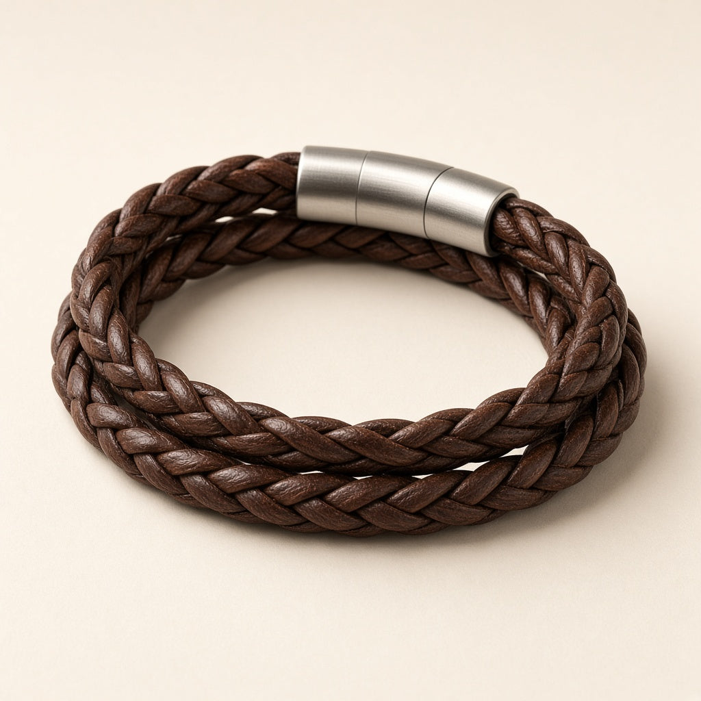 Men's brown braided leather double wrap bracelet with steel magnetic clasp