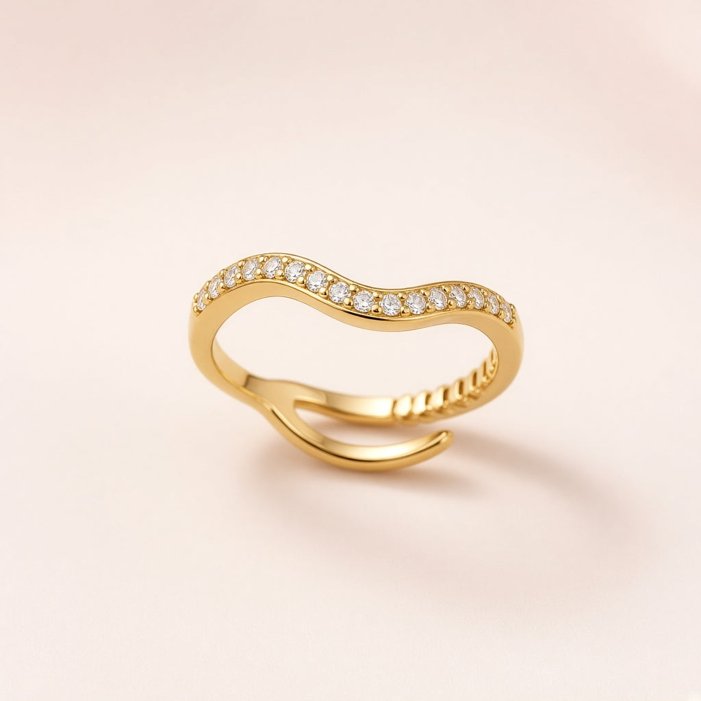 Gold plated adjustable wave ring with zircon stones