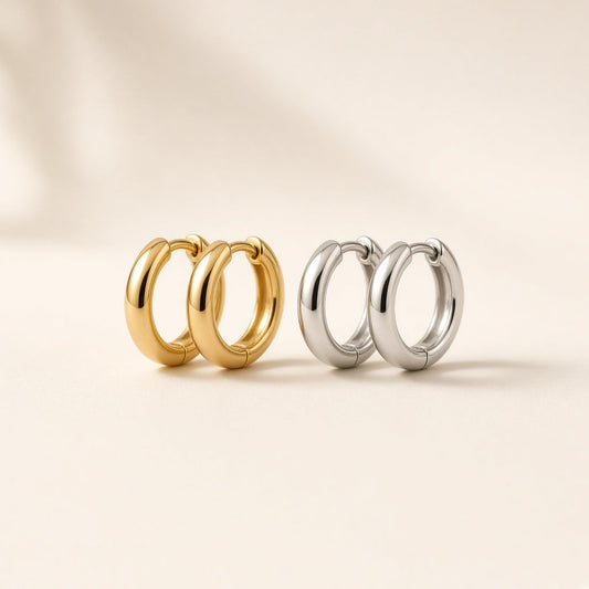 Chunky huggie hoop earrings in gold and silver