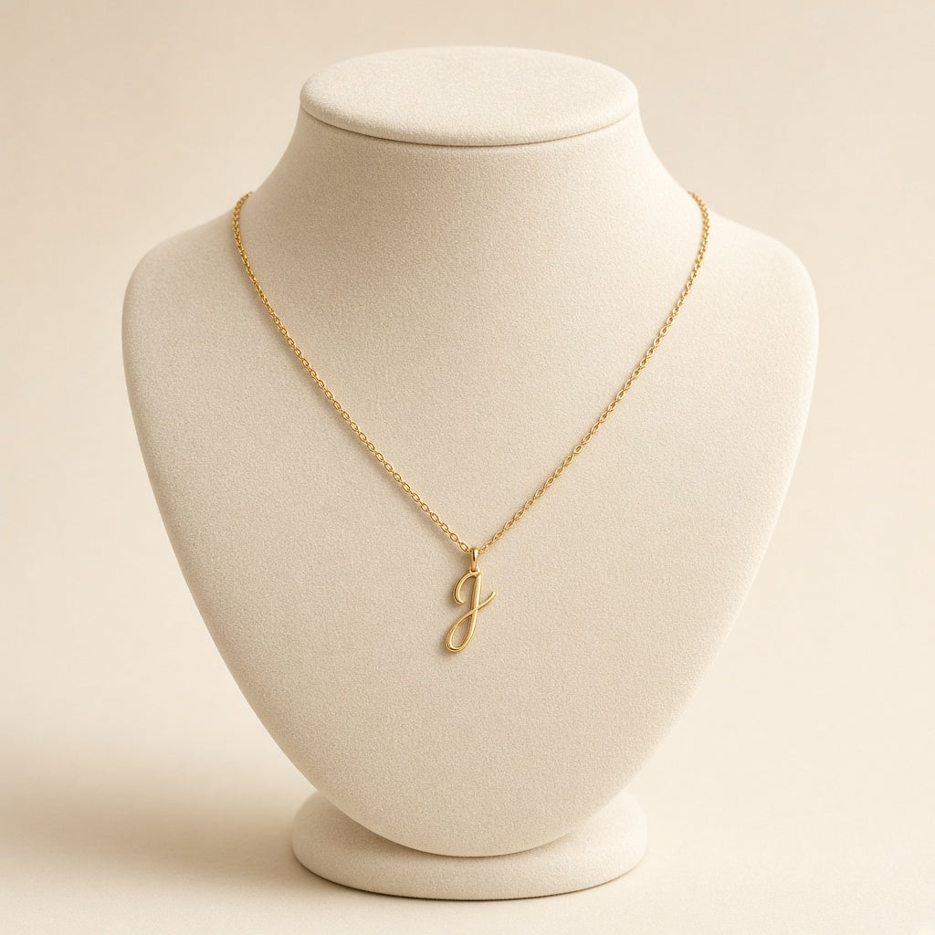 Gold script initial pendant necklace on a velvet bust