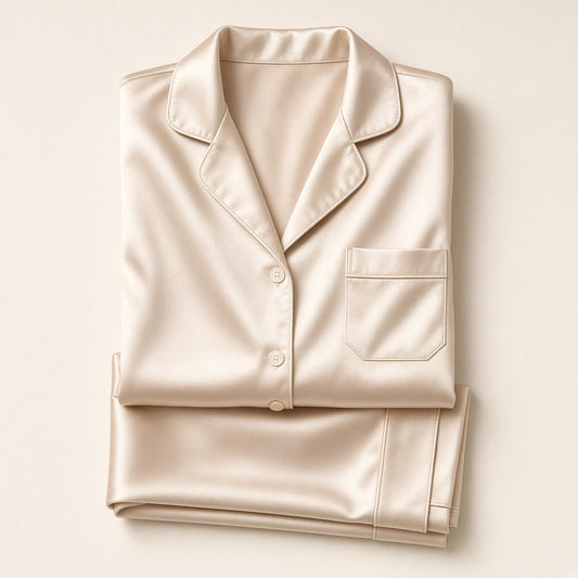 Champagne satin pajama set with contrast piping folded flat