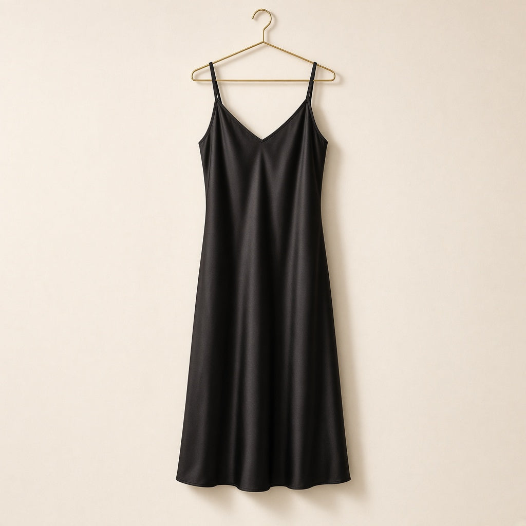 Black satin slip nightdress with thin straps on a gold hanger