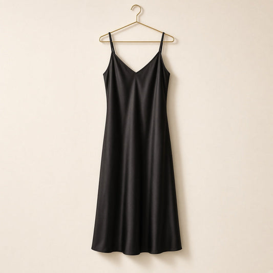 Black satin slip nightdress with thin straps on a gold hanger