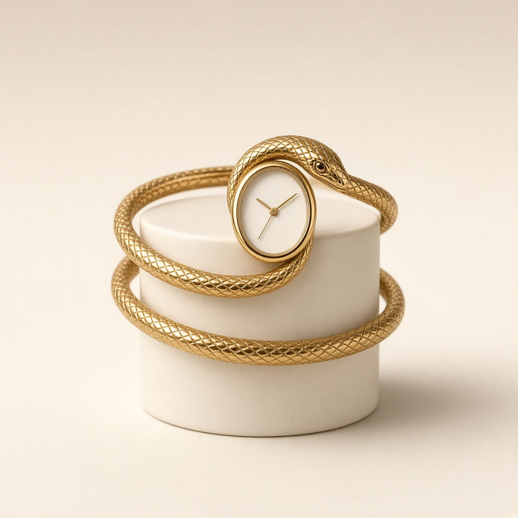 Gold serpent bangle watch with ivory dial