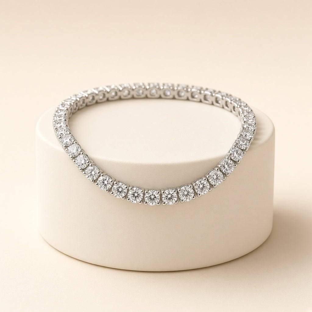 Silver tennis bracelet with a continuous line of zircon stones